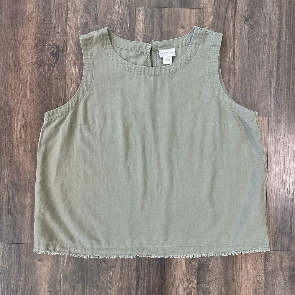 Liz Claiborne Linen Blouse Green Tank Top Raw Hem Round Neck Sleeveless Size XL